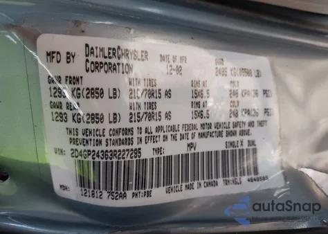 2003 Dodge Grand Caravan Se from USA, damaged, VIN 2D4GP24363R227295